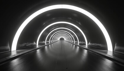 Obraz premium Dark, modern tunnel with glowing white arched lights receding into distance. Empty race track perspective suggests speed and motorsport. Urban nighttime setting, possibly Monaco street circuit.