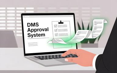 Hand using laptop with DMS approval system and documents