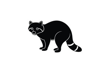 Fototapeta premium A detailed black silhouette of a curious raccoon with distinctive ringed tail standing on a white background showcasing its natural form and outline silhouette