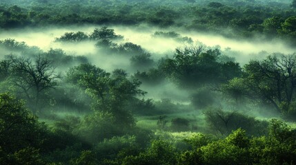 Fototapeta premium Misty forest, green trees, hazy landscape
