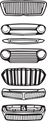 Collection of various vintage and modern car radiator grille and bumper vector icons.