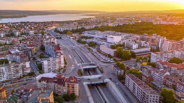 Travel to Bulgaria, Varna hyperlapse aerial view to Varna Lake