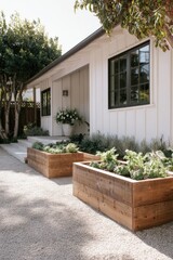 Fototapeta premium A contemporary garden featuring beautifully crafted wooden planters filled with lush, vibrant greenery is nestled next to a chic white house under the warm embrace of a sunny day