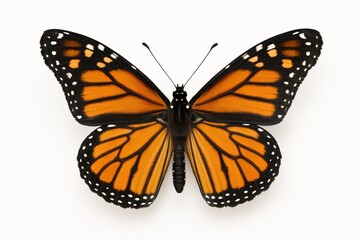 Stunning top-down view of a vibrant monarch butterfly with open orange and black wings against a clean white background. Studio shot showcasing intricate patterns and delicate symmetry.