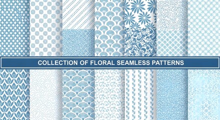 A versatile collection of classic blue seamless patterns, featuring elegant floral, geometric, and abstract decorative designs