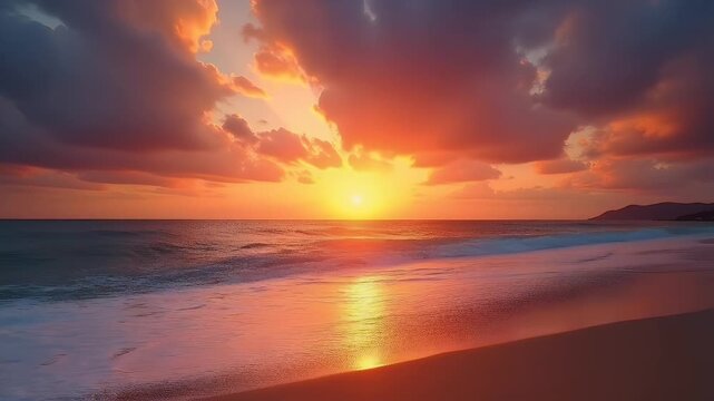 Panorama sweeps calm ocean under breathtaking kaleidoscope sunset magentas bleeding to gold K vista offers perfect o shot cruise lines beach resort advertising inspirational summer