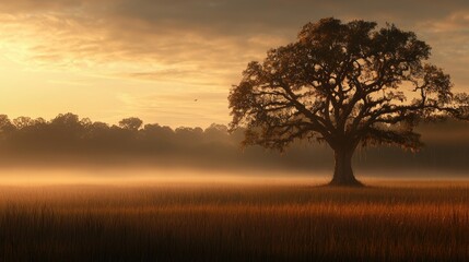 A majestic oak tree stands tall in a misty sunrise field.