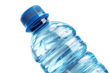 Close-up of a clear plastic water bottle with a blue cap