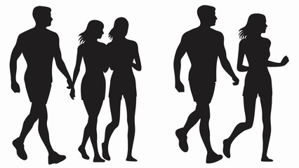Silhouettes of two couples walking and running together in a monochromatic black and white image
