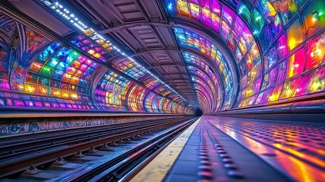 Vibrant colorful tunnel with illuminated panels - Powered by Adobe