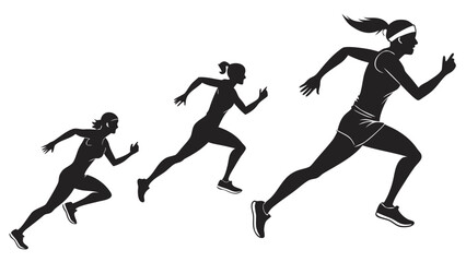 Silhouette of three women running in a race with athletic wear and determination on a white background