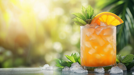 Refreshing orange cocktail with mint garnish and ice, perfect for summer celebrations and tropical vibes.