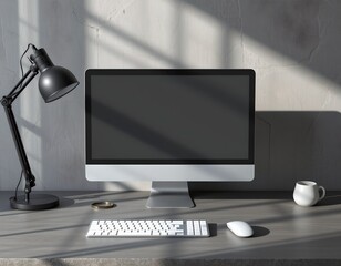 Modern Office Desk with Laptop and Headphones