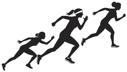 Silhouette of three women running in a race with determination and athletic prowess in a competition