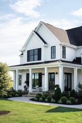 Obraz premium Discover a delightful white farmhouse featuring an elegant porch that invites relaxation, all embraced by vibrant, lush greenery under the warm sun of a tranquil countryside