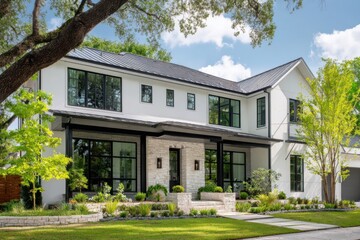 Modern residential house showcasing architectural design with large windows and manicured landscaping on a sunny day in an upscale neighborhood