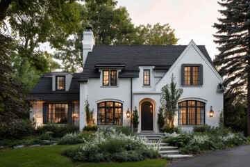 Charming suburban home with elegant architecture and well-kept garden in the late afternoon light showcasing a peaceful residential setting