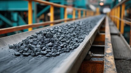 Stunning photo of industrial processing of rare earth elements. Precious metals extracted from ore. Material on conveyor belt. Mining industry. Extraction process. Sustainable.