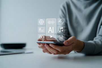 Smartphone Held by Professional with Floating Icons Representing AI-Driven Mobile Functionality and Intelligent App Integration in a Modern Ecosystem