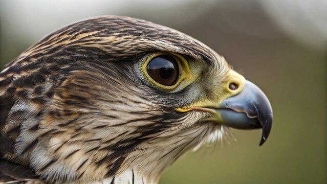 Close up profile of a peregrine falcon showing its eye beak and feathers in sharp detail and focus