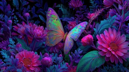 Vivid, stylized image of a butterfly with luminescent wings, surrounded by floral foliage