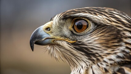 A close up shot of a hawk showing its brown eye and its beak with a blurred background