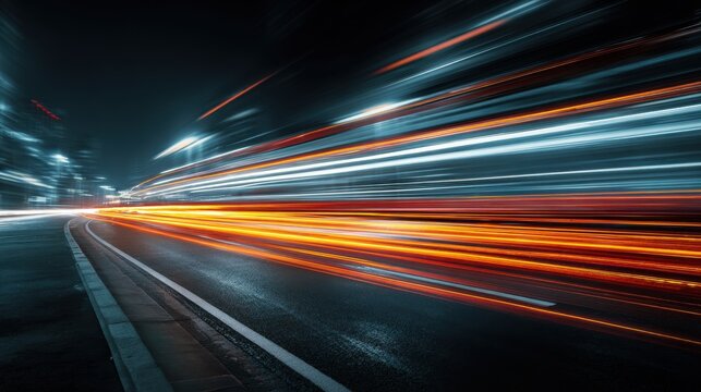 Stunning photo of car motion trails. Speed light streaks background with blurred fast moving light effect, Racing cars dynamic flash effects city road with long exposure night.