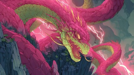 A powerful, vibrant pink and green dragon emerging from rocky mountains, surrounded by stormy clouds and flashes of electricity