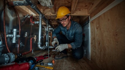 A plumber wearing a hard hat and gloves working on pipes in a confined space with tools nearby