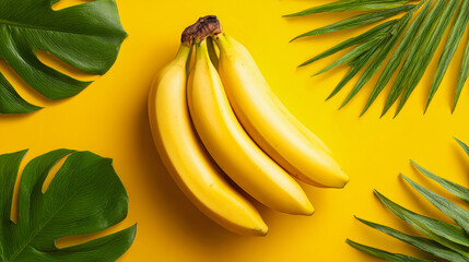 Tropical delight with bananas and lush leaves on a vibrant yellow background in summer's embrace