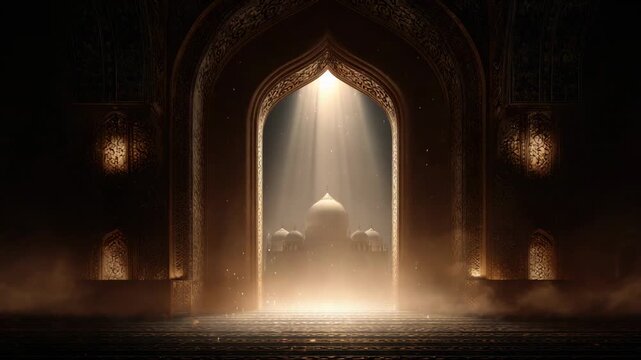 Bright light emanating from outside the arch illuminates the dark mosque.