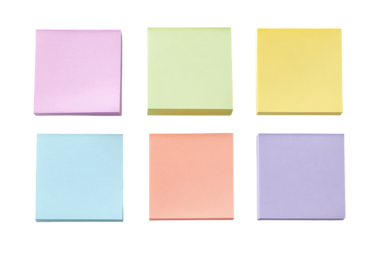 Six pastel-colored sticky notes arranged in a grid.  Each note is a square, with slightly uneven edges and a soft, muted tone.  The colors progress smoothly from light purple to pale yellow