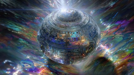 A metallic sphere, intricate and layered, floats within a vibrant, swirling nebula of color and light.  Its surface displays complex patterns and internal illumination