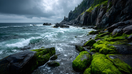 Obraz premium Rugged Cliffside Along A Wild Coastline, Where Waves Crash Against Sharp Rocks. The Sky Is Stor