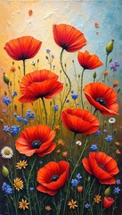 Vibrant textured painting of red poppies, wildflowers. Thick oil paint application creates rich detail, depth. Expressionist style captures lively energy of summer meadow. Elegant floral art for home