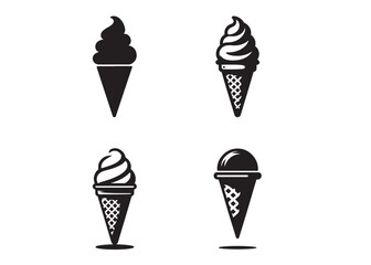 Cone Ice cream logo silhouette vector, Ice cream logo icon silhouette, black silhouette ice cream soft logo design, vintage black and white ice cream silhouette vector isolated on white background