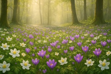 Obraz premium Springtime Splendor A Vibrant Meadow of Purple and White Flowers Blooming in a Lush Forest