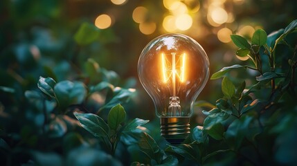 Illuminated bulb nestled in greenery