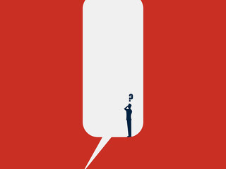 businessman is confused by his thoughts in a speech bubble