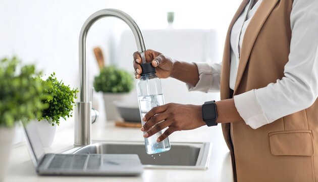 Woman filling water bottle from kitchen tap, near laptop.