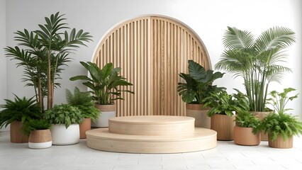 Indoor plant display with wooden podium and curved screen