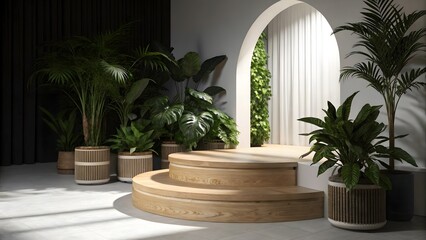 Obraz premium Modern interior with tiered wooden stage and lush green plants