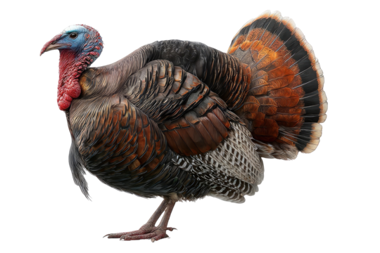 Profile view of a turkey, plumage in various shades of brown, gray, and red.  Its head is adorned with a blue-toned crest, and its red wattle is visible.  Bird stands on strong legs