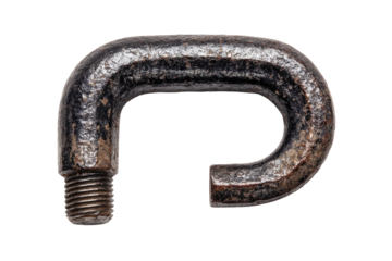 Close-up of a weathered, dark-gray metal U-shaped clamp or fitting, isolated on black.  Threads visible on one end