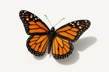 Elegant studio shot of a vibrant Monarch butterfly with wings fully spread, showcasing its iconic orange and black patterns against a clean white background