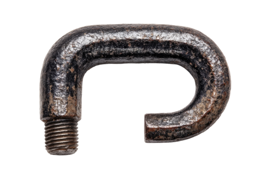 Close-up of a weathered, dark-gray metal U-shaped clamp or fitting, isolated on black. Threads visible on one end