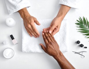 Elegant manicure session showcasing dark-skinned hands and professional care in a serene atmosphere