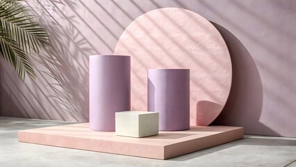 Pastel geometric display with cylinders and cube on pink platform