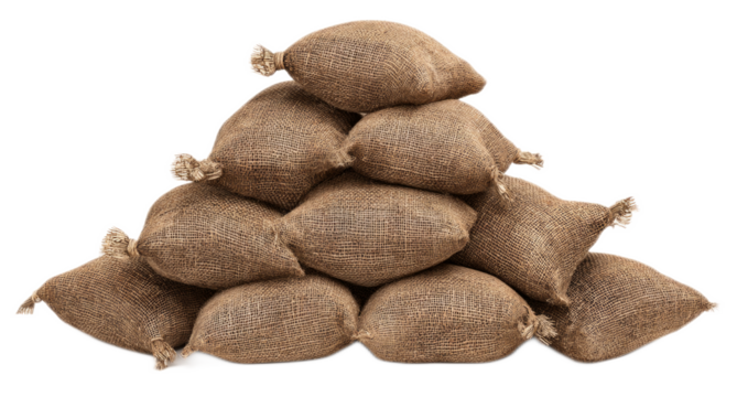 pile of sandbags isolated on white	
