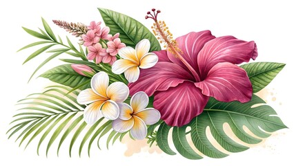 Pink hibiscus and frangipani flowers with tropical foliage watercolor